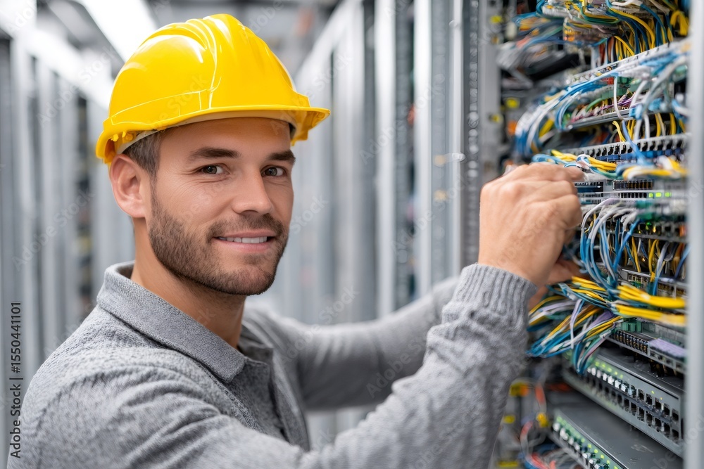 Poster Network engineer connecting cables in server room of data center