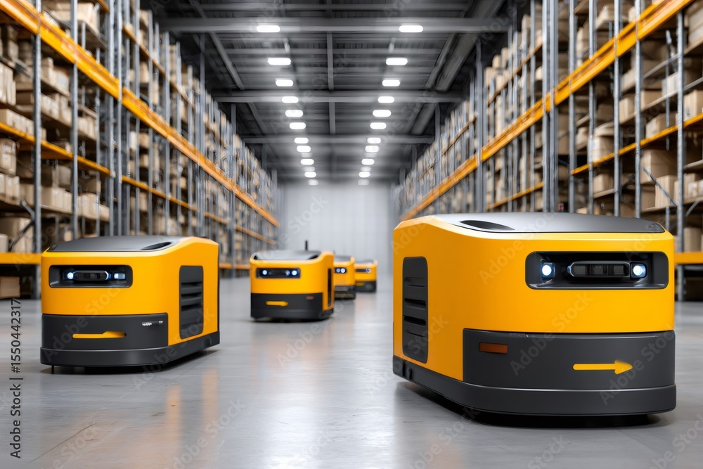 Poster Autonomous mobile robots working inside a modern warehouse, automating logistics operations
