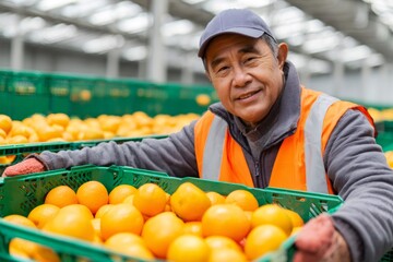 Smiling warehouse worker carrying crate of oranges in distribution center
