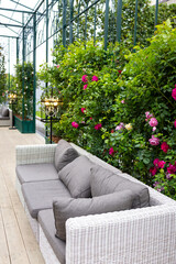A modern grey sofa with cushions is installed in a glass greenhouse outside. Lush green plants and vibrant flowers surround the living area, creating a serene atmosphere.