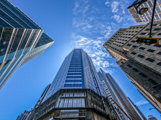 Montreal skyline seen from streets looking up at buildings