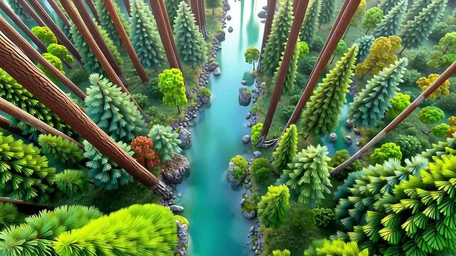 Verdant forest canopy with rich green shades - Tranquil - Rustling softly - Lush wilds with abstract branches and gentle dawn light.