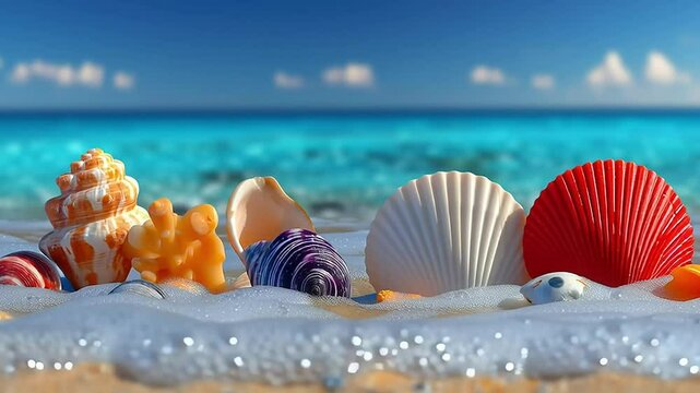 Gentle beach wave with turquoise foam - Scenic - Rolling softly - Sandy shore with abstract shells and warm sunset hues.