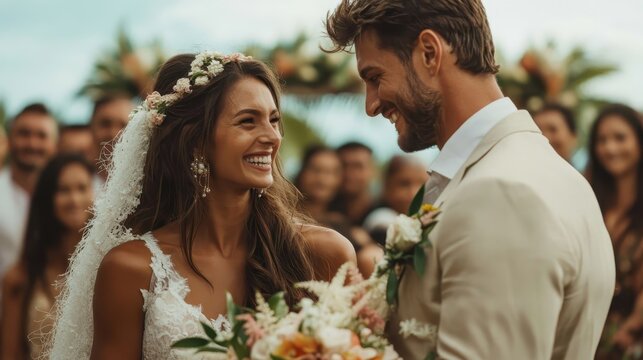 A heartwarming moment of a groom and bride exchanging vows during their wedding ceremony, surrounded by family and friends, filled with love and joy.