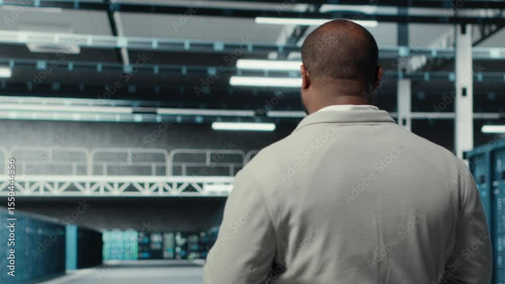 Poster technician walking in data center workplace with multiple rows of fully operational mainframes. work