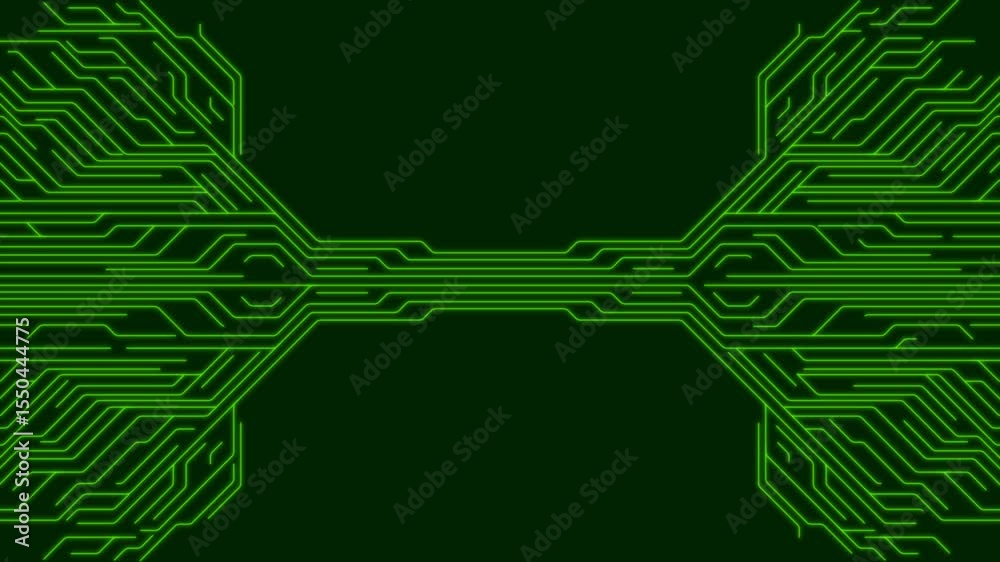 Poster Neon green minimal abstract futuristic tech background with circuit lines. Seamless looping CPU chip motion design. Video animation Ultra HD 4K 3840x2160