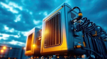 A set of sleek air conditioning units positioned against a dramatic sky, showcasing modern technology and industrial design in an urban environment.