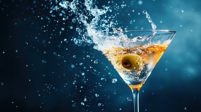 An enticing splash of a martini cocktail captures attention with a green olive in focus, representing elegance and sophistication in the art of mixology and nightlife culture. - Powered by Adobe