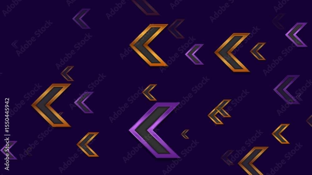 Poster Golden and violet glossy arrows abstract tech geometric background. Seamless looping motion design. Video animation Ultra HD 4K 3840x2160