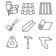Fototapeta premium Roofing Equipment Icons. Line style icons of Roofing and Cladding Equipment: roofing nailer, roof tile panel, metal sheet, seam