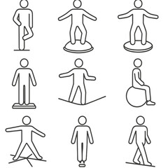 Balance Equipment Icons. Line style icons of Balance & Stability: single-leg stand, BOSU ball, wobble board, balance pad,