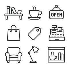 Bookstore & Cafe Icons. Line style icons of Bookstore & Cafe: display table, coffee cup, open sign, shopping bag, price tag, cash