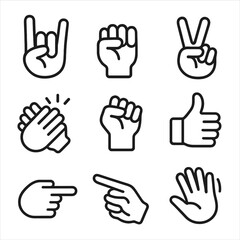 Rock Hand Gesture Icons. Line style icons of Rock Hand Gestures: horns hand sign, fist pump, peace sign, clapping hands, raised