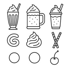 Milkshake Icon Set. Line style icons of Milkshakes & Malts: vanilla shake glass, chocolate malt mug, strawberry shake cup, banana
