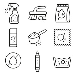 Stain Removal Icons. Line style icons of Stain Removal Products: stain remover spray, pretreatment brush, enzyme wash pack, stain