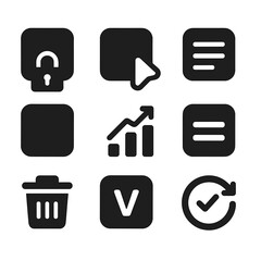 App Utility Icons. Solid style icons of app utilities: app lock, app hider, app stats, app list icon, uninstall icon, app usage