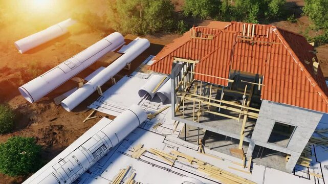 Unfinished house model on blueprints with lumber, red tiled roof, sunset sky