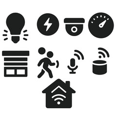 Smart Home Icons. Solid style icons of smart home automation: smart light bulb icon, energy saver symbol, security monitoring icon