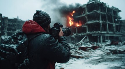A photographer in winter gear focuses on his camera while flames rise from a ruined building, highlighting the stark contrast between destruction and the art of documentation.