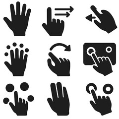 Obraz premium Multi-Touch Gesture Icons. Solid vector icons of multi-touch gestures: five-finger gesture icon, three-finger swipe symbol,