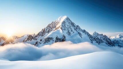 Obraz premium An awe-inspiring view of a towering snow-capped mountain against a clear blue sky, symbolizing the beauty and majesty of nature, evoking feelings of peace and wonder.