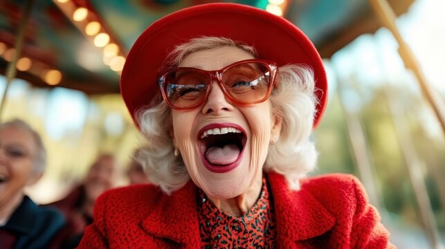 This vibrant image features a joyful elderly woman wearing a red hat and sunglasses, celebrating life while enjoying a thrilling carousel ride with friends, radiating happiness. - Powered by Adobe