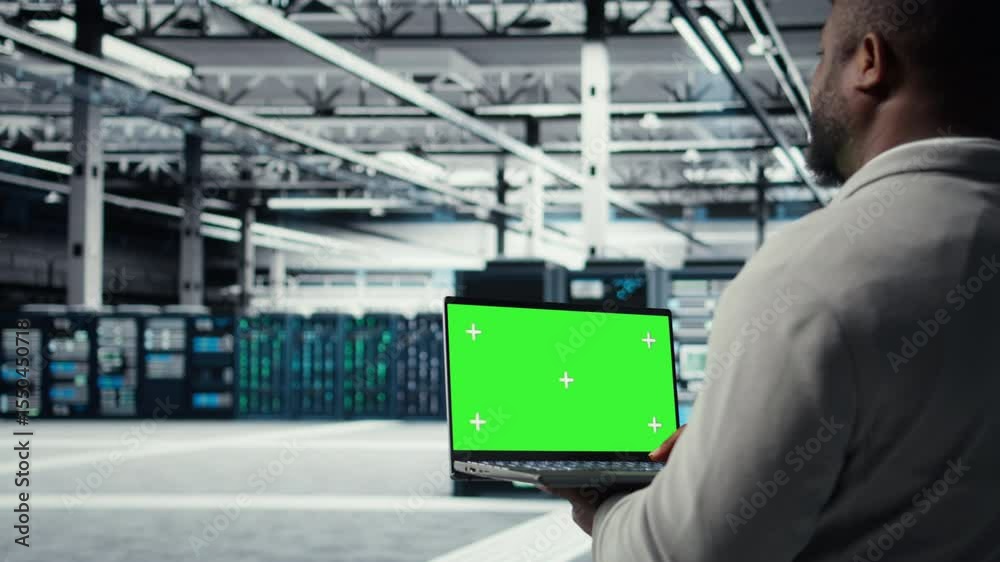 Poster data center programmer working on green screen laptop, updating storage infrastructure. it specialis