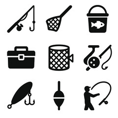 Fishing Gear Icons. Solid style icons of fishing gear and methods: fishing pole with hook, net icon, bait bucket, tackle box, fish