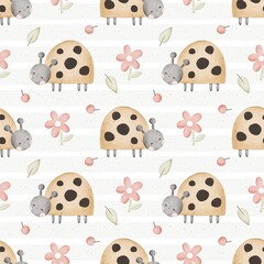 Obraz premium seamless pattern with ladybug. summer colorful illustration for kids, flat style. Baby design for fabric, textile, print, wrapper.