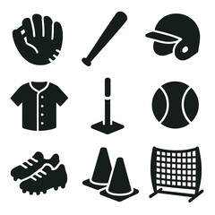 Youth Baseball Gear Icons. Solid vector icons of youth baseball gear: child-sized glove, mini bat icon, adjustable helmet, youth