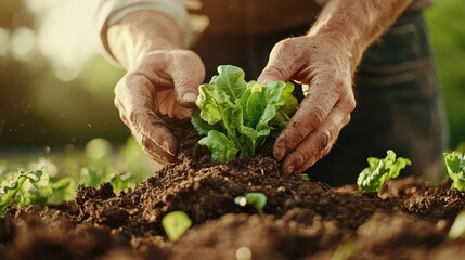 An experienced gardener gently plants fresh lettuce seedlings into rich soil, illustrating the nurturing relationship between humans and nature, and the essence of sustainability.