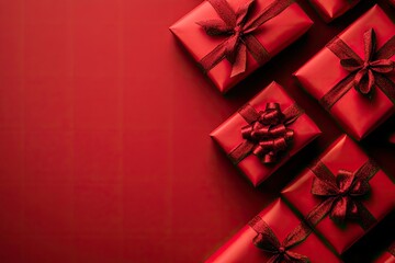 Red gift boxes arranged on a red background