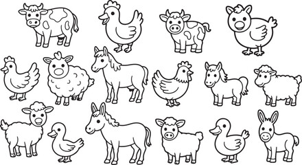 Black And White Farm Animals Line Art Illustrations Collection sheep horse