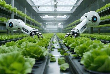 Agriculture robotic and autonomous arm working in smart farm, Future AI and 5G technology with smart agriculture farming concept
