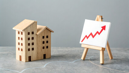 Property value growth: Wooden house model next to a painting showing growth up arrow, symbolizing the concept of increasing real estate value.