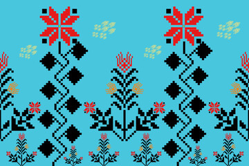 Seamless pixel art floral textile pattern with geometric motifs on cyan, inspired by traditional Thai weaving. Perfect for global fabric, fashion, and home decor markets.