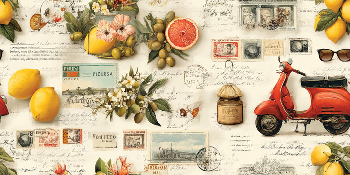 Vintage Mediterranean Collage Seamless Pattern Retro Travel Vector Background for design, textile, packaging, fabric wallpaper branding, stationery wrapping paper interior decor