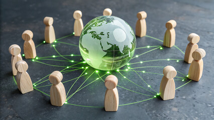 Global Unity: Wooden figures connected by green lines surround a glowing globe, representing interconnectedness and worldwide cooperation, a symbol of international collaboration and unity.