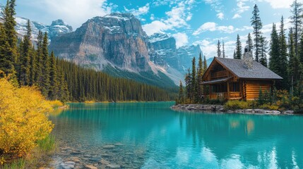 Fototapeta premium Scenic mountain lake cabin