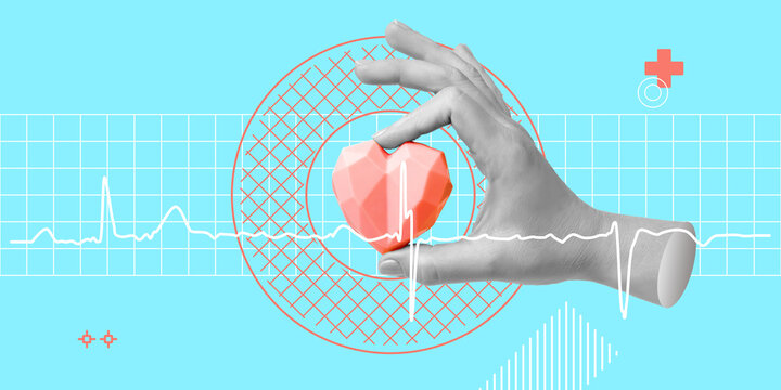 Medical monitoring and heart health concept. Hand holds geometric heart above cardiogram line, symbolizing diagnosis and care. Minimalist art collage