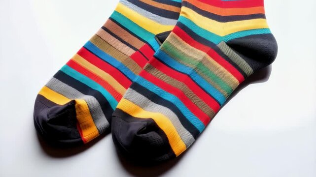 Pair of Colorful Striped Socks on White Background, showcasing vibrant and playful design, soft material, and casual wear