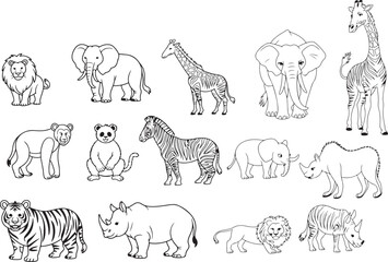 Black and White Line Art Illustrations of African Animals Lion Elephant Zebra Giraffe Rhino