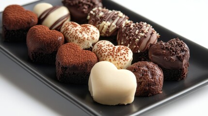 A tantalizing assortment of heart-shaped chocolate treats arranged beautifully on a tray, perfect for marketing romantic treats or indulgent desserts for any sweet lover.