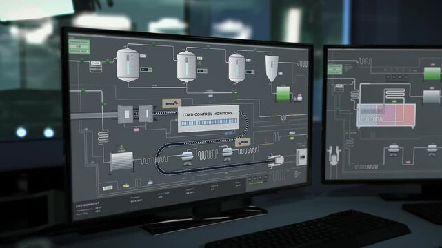 Dairy Factory Production Machinery Automated By Robotic Software. Ai Monitoring Factory Production. Manufacture Coordination Software. Factory Production Software Monitors Show Milk On Conveyors