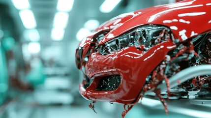 A striking close-up of a car's front facade in red, showcasing its intricate design and reflective features in a modern automotive manufacturing setting.