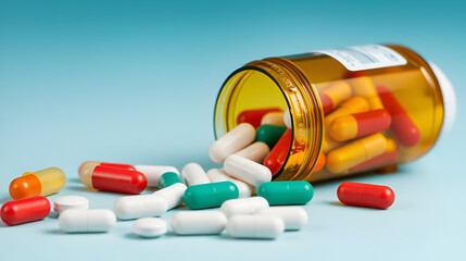 Pills and capsules spilling out of a toppled from pill bottle