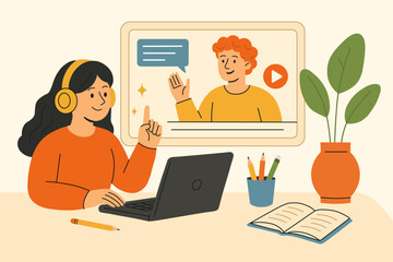 Online education and webinars: a girl studies at home using a laptop and headphones, with a lecturer on the screen. The concept of distance learning, video conferencing, and remote work. Flat style.