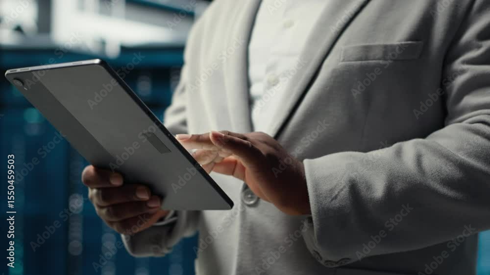 Poster close up of system administrator walking in data center, using tablet to check gear for system stabi
