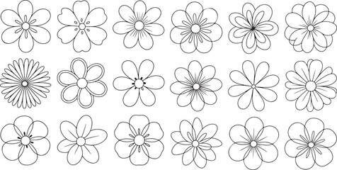 Eighteen Simple Line Art Black Flowers Set white