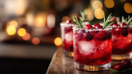This vibrant cocktail features cranberries and rosemary, set against a cozy backdrop with a warm glow, embodying the essence of festive gatherings and holiday spirit.